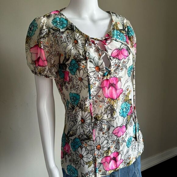 Vintage 79’s Peasant Blouse With Retro Neon Flowers - Picture 2 of 4